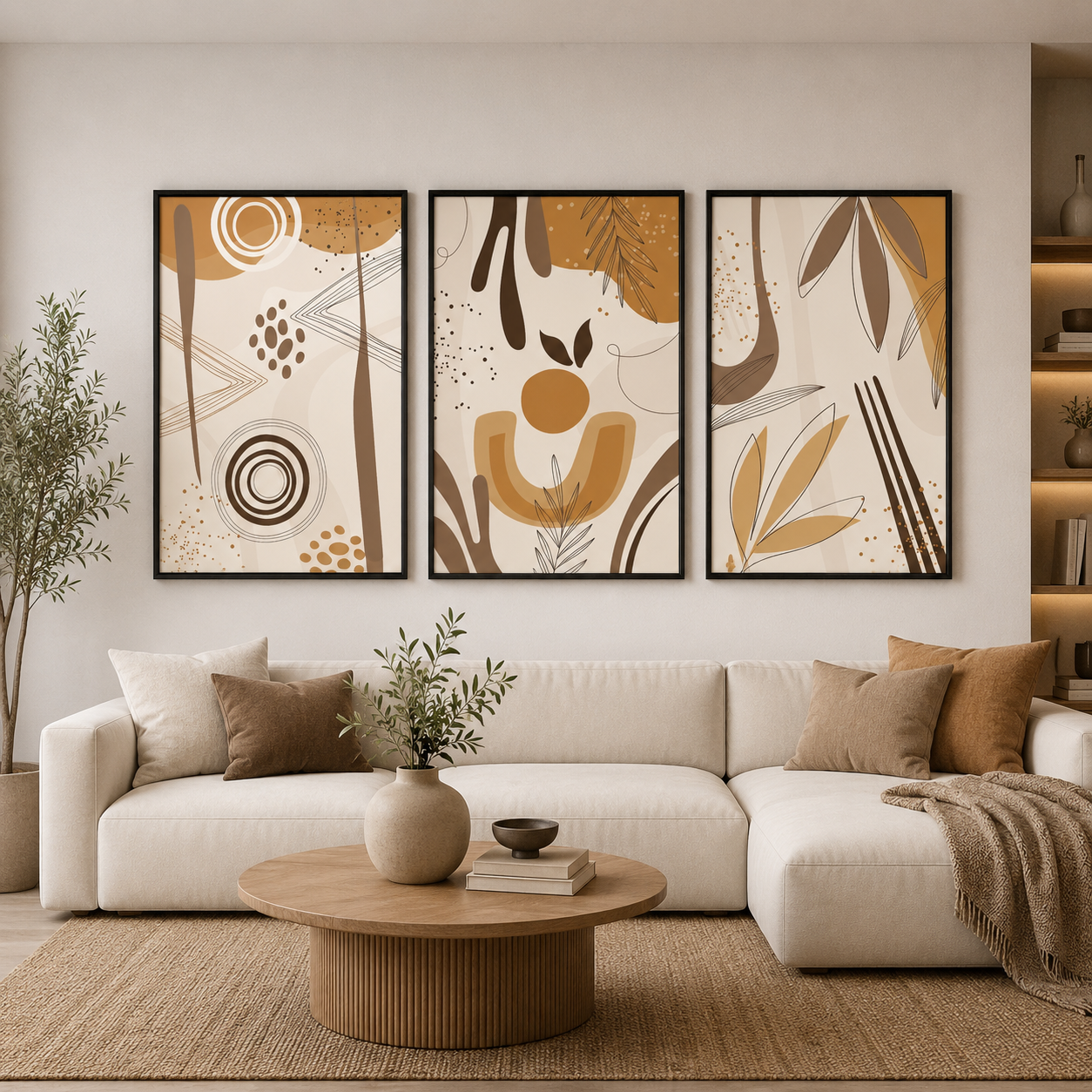 Boho Abstract Botanical Canvas Wall Art Set of 3 Neutral Decor