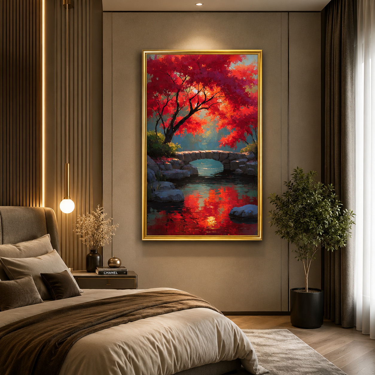 Red Autumn Tree Bridge Canvas Wall Art Vertical Nature Painting