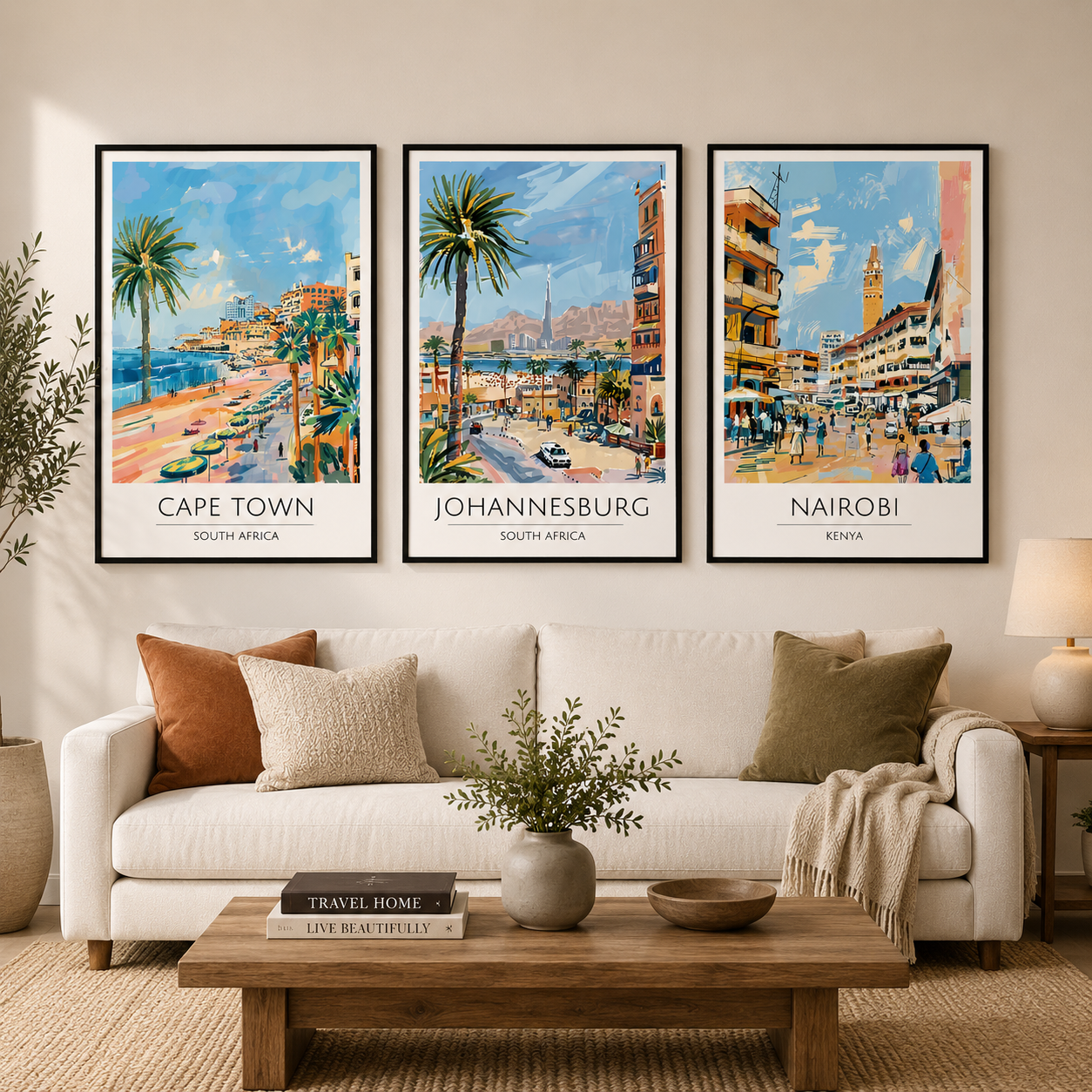 Cape Town Johannesburg Nairobi Canvas Wall Art Set of 3 Travel