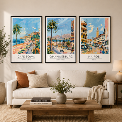 Cape Town Johannesburg Nairobi Canvas Wall Art Set of 3 Travel
