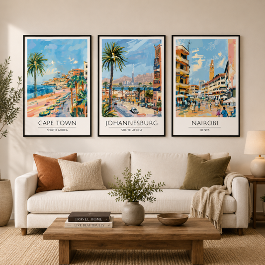 Cape Town Johannesburg Nairobi Canvas Wall Art Set of 3 Travel