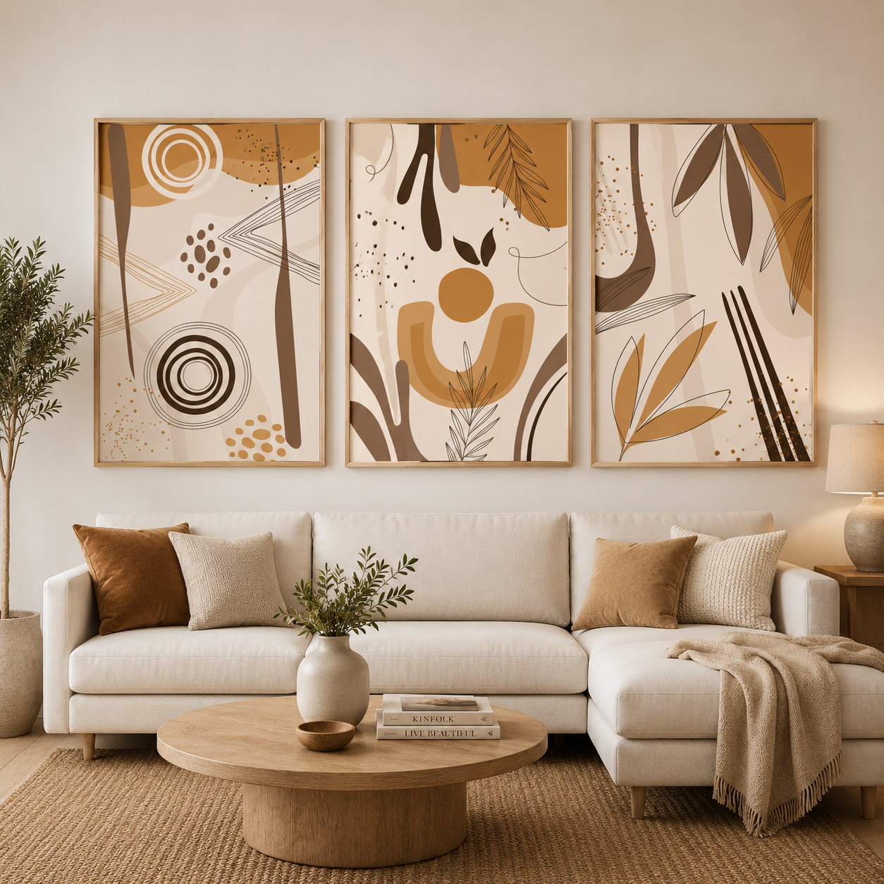 Boho Abstract Botanical Canvas Wall Art Set of 3 Neutral Decor