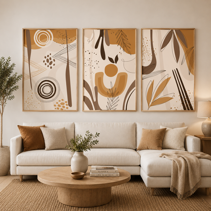 Boho Abstract Botanical Canvas Wall Art Set of 3 Neutral Decor