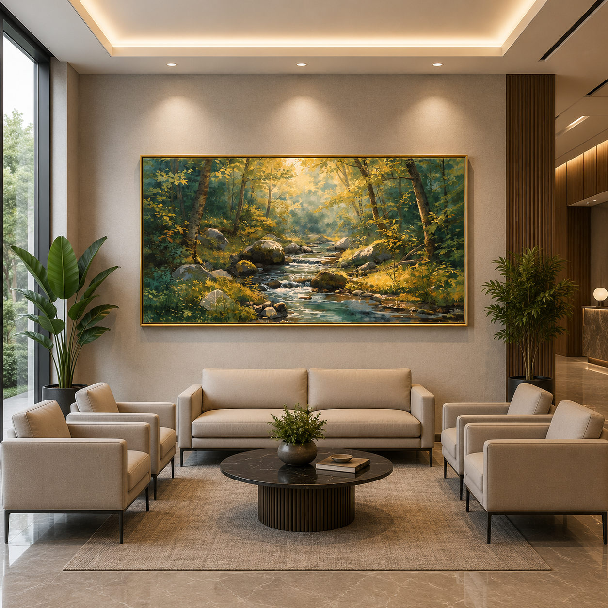 Sunlit Forest Stream Canvas Wall Art Nature Landscape Painting