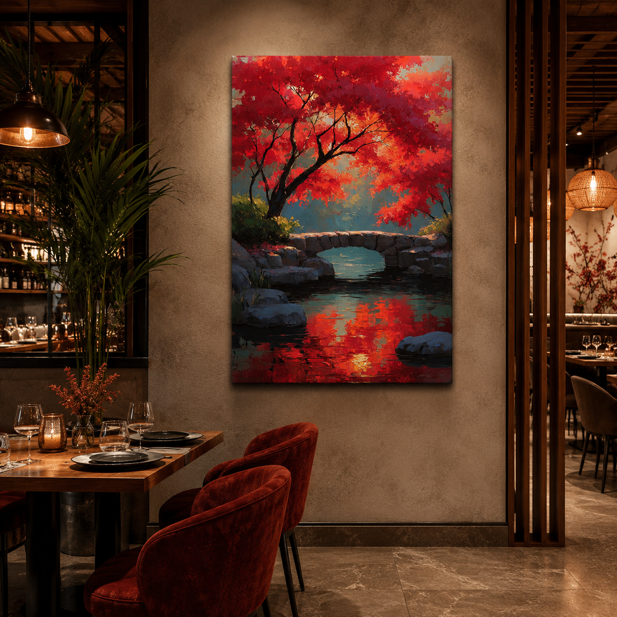 Red Autumn Tree Bridge Canvas Wall Art Vertical Nature Painting