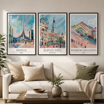 Brasilia Buenos Aires Rainbow Mountain Canvas Wall Art Set of 3