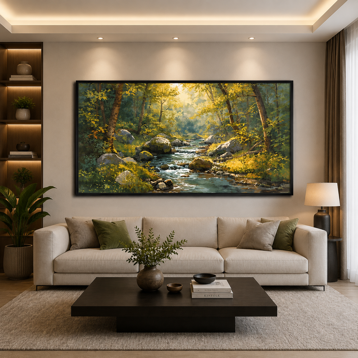 Sunlit Forest Stream Canvas Wall Art Nature Landscape Painting