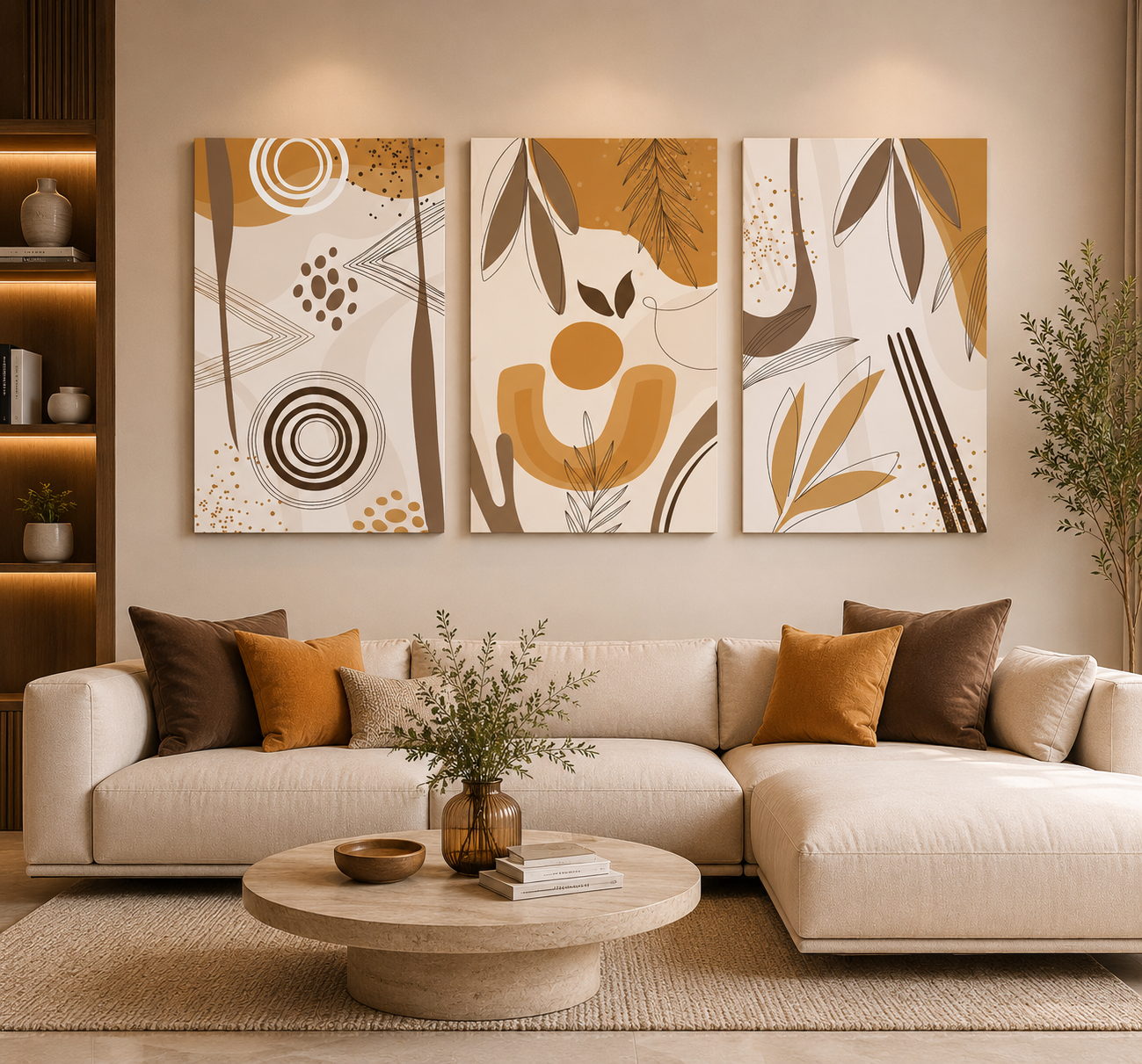 Boho Abstract Botanical Canvas Wall Art Set of 3 Neutral Decor