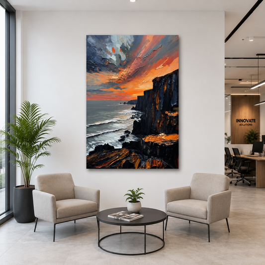 Coastal Cliff Sunset Canvas Wall Art Vertical Seascape Painting