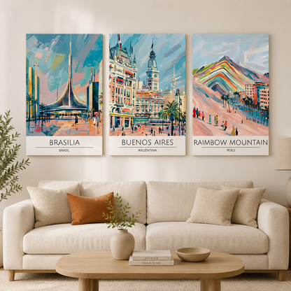 Brasilia Buenos Aires Rainbow Mountain Canvas Wall Art Set of 3