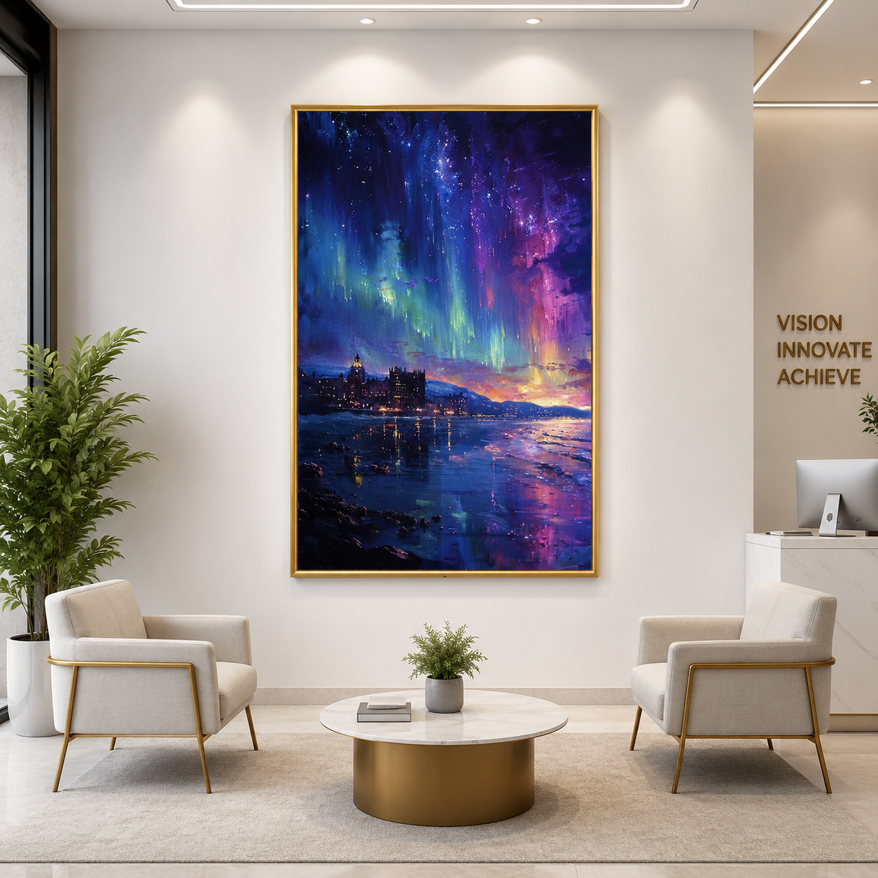 Aurora Night Sky Canvas Wall Art Vertical Coastal Landscape Art