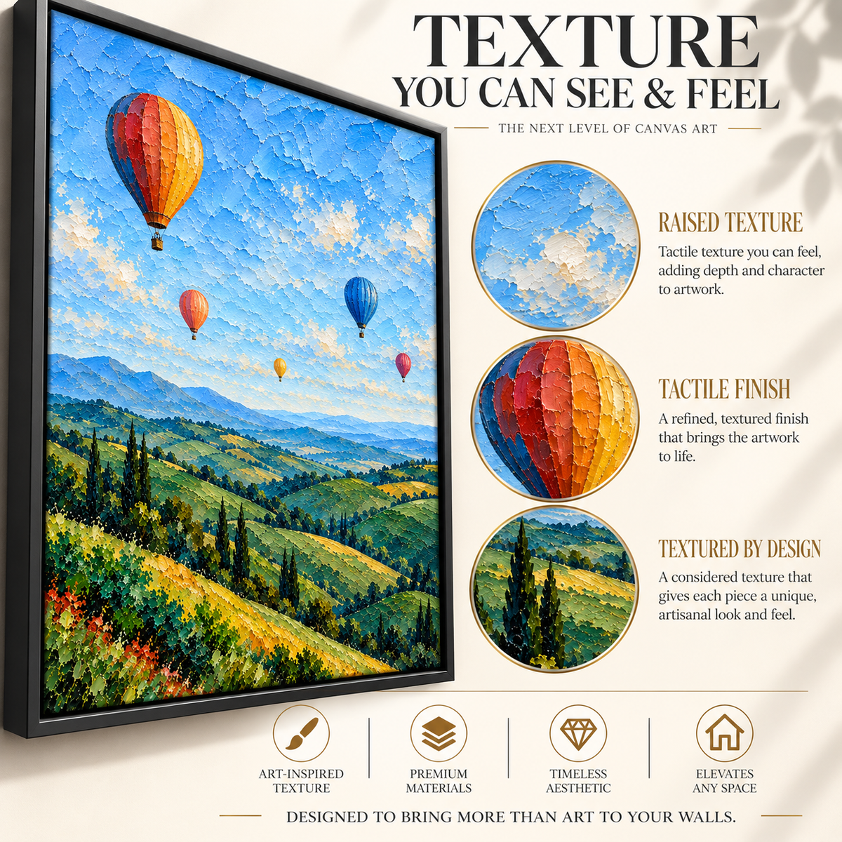 Hot Air Balloons Over Tuscan Hills Textured Landscape Canvas Art