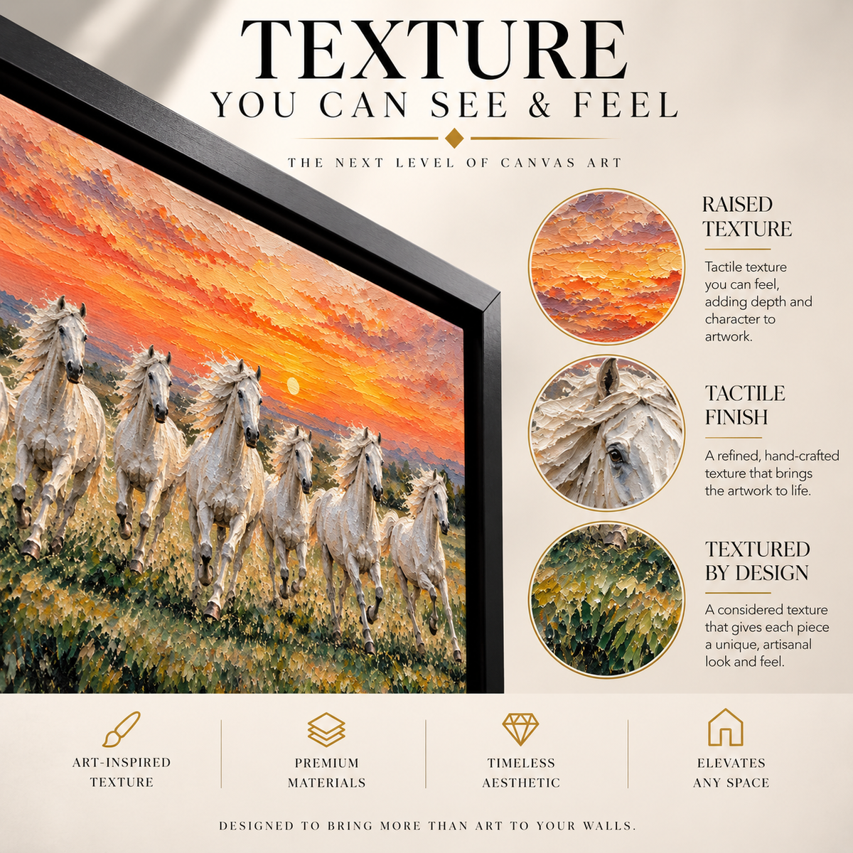 White Horses at Sunset Panoramic Textured Canvas Art