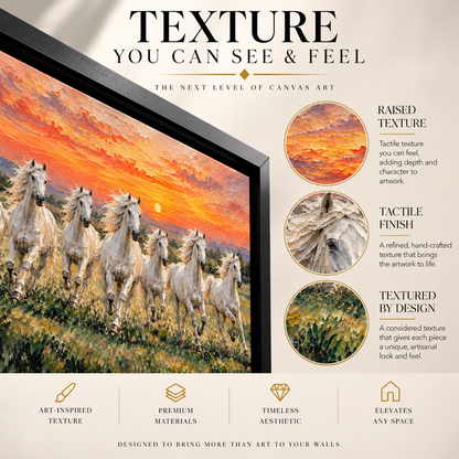 White Horses at Sunset Panoramic Textured Canvas Art