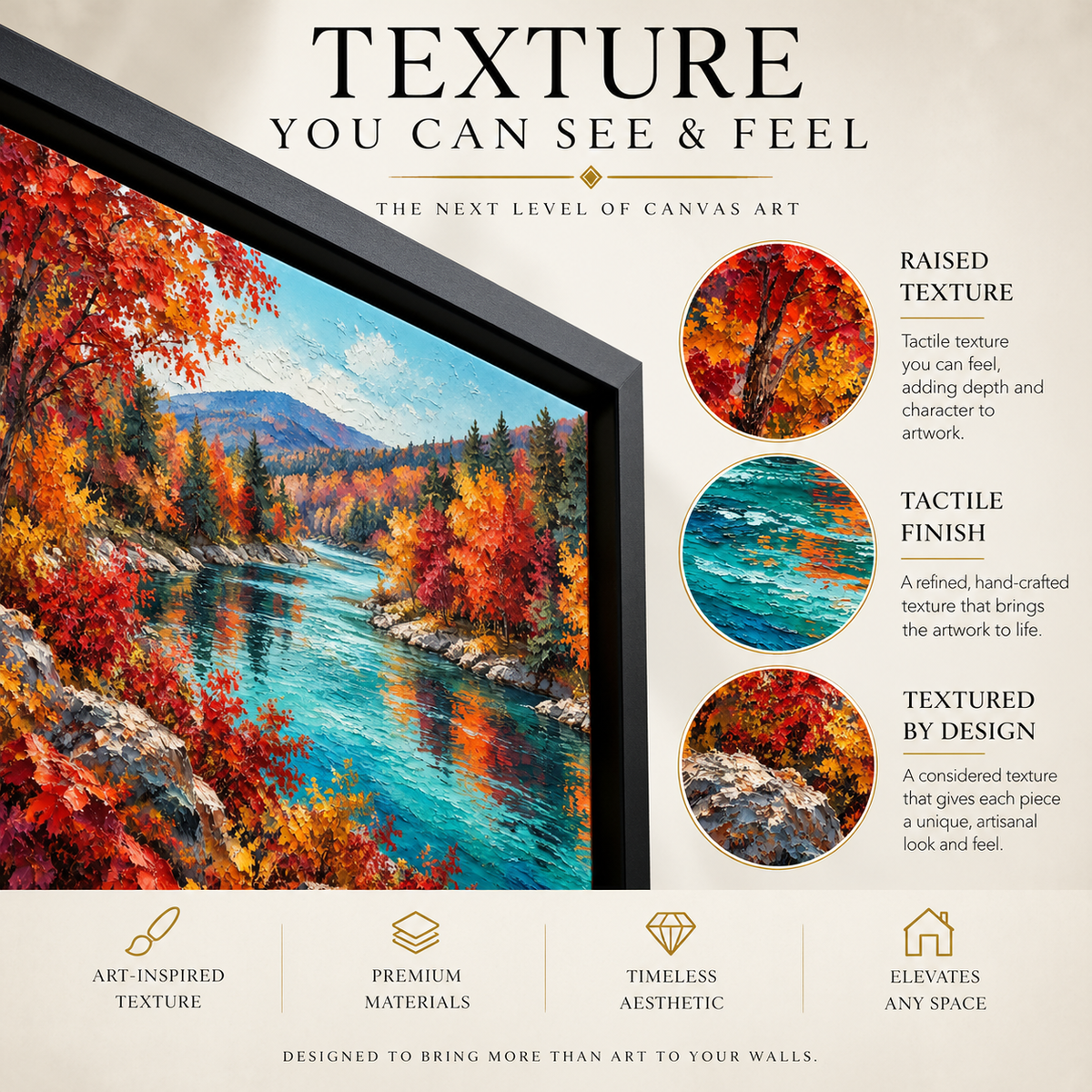 Autumn River Landscape Panoramic Textured Canvas Art
