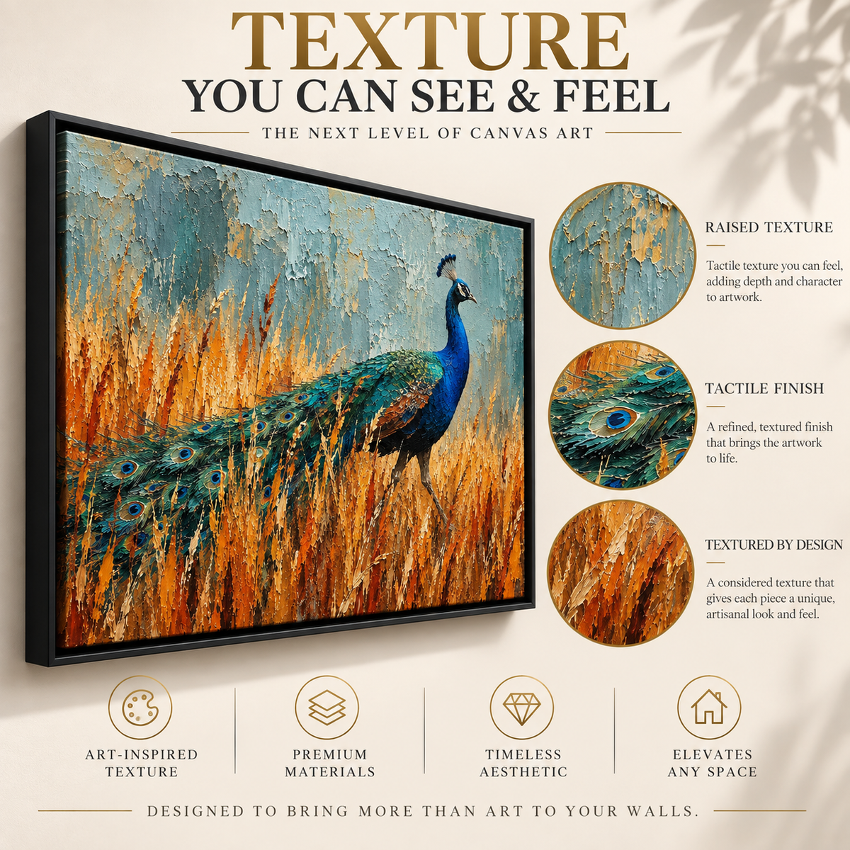 Peacock in Golden Meadow Textured Wildlife Canvas Art