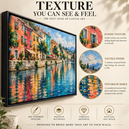 Colorful Riverside Village Textured European Canvas Art