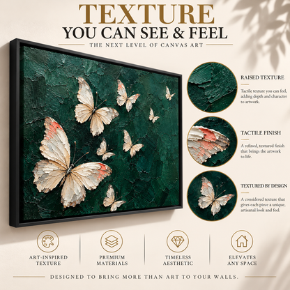 Ivory Butterflies on Emerald Textured Canvas Art