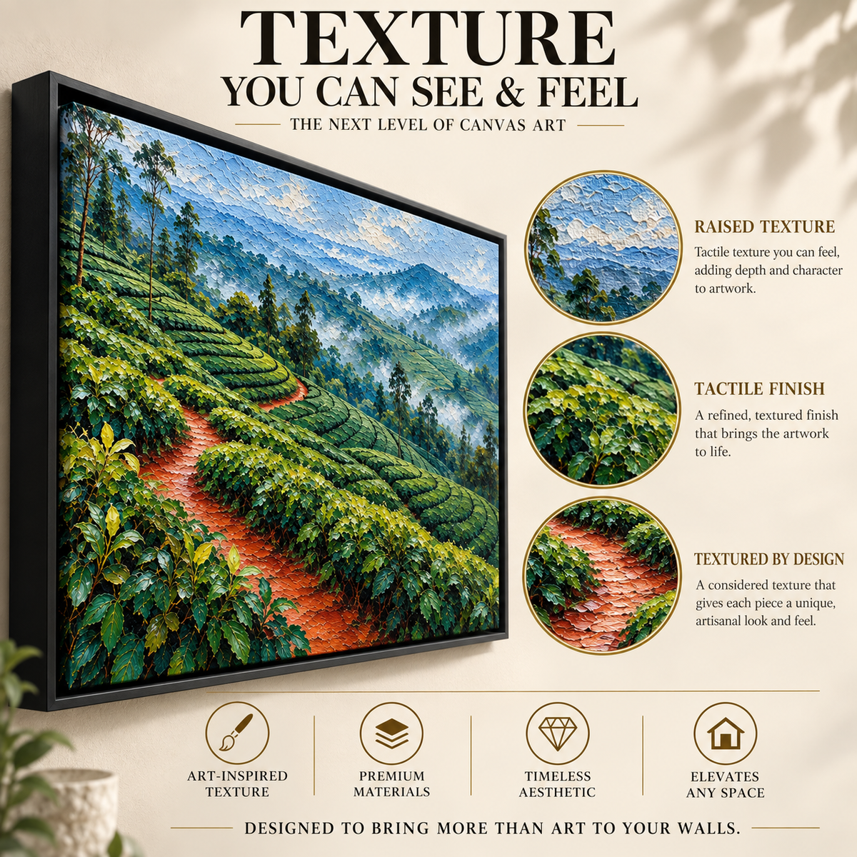 Misty Tea Hills Textured Landscape Canvas Art
