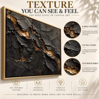 Charcoal Black Gold Fracture Textured Abstract Canvas Art