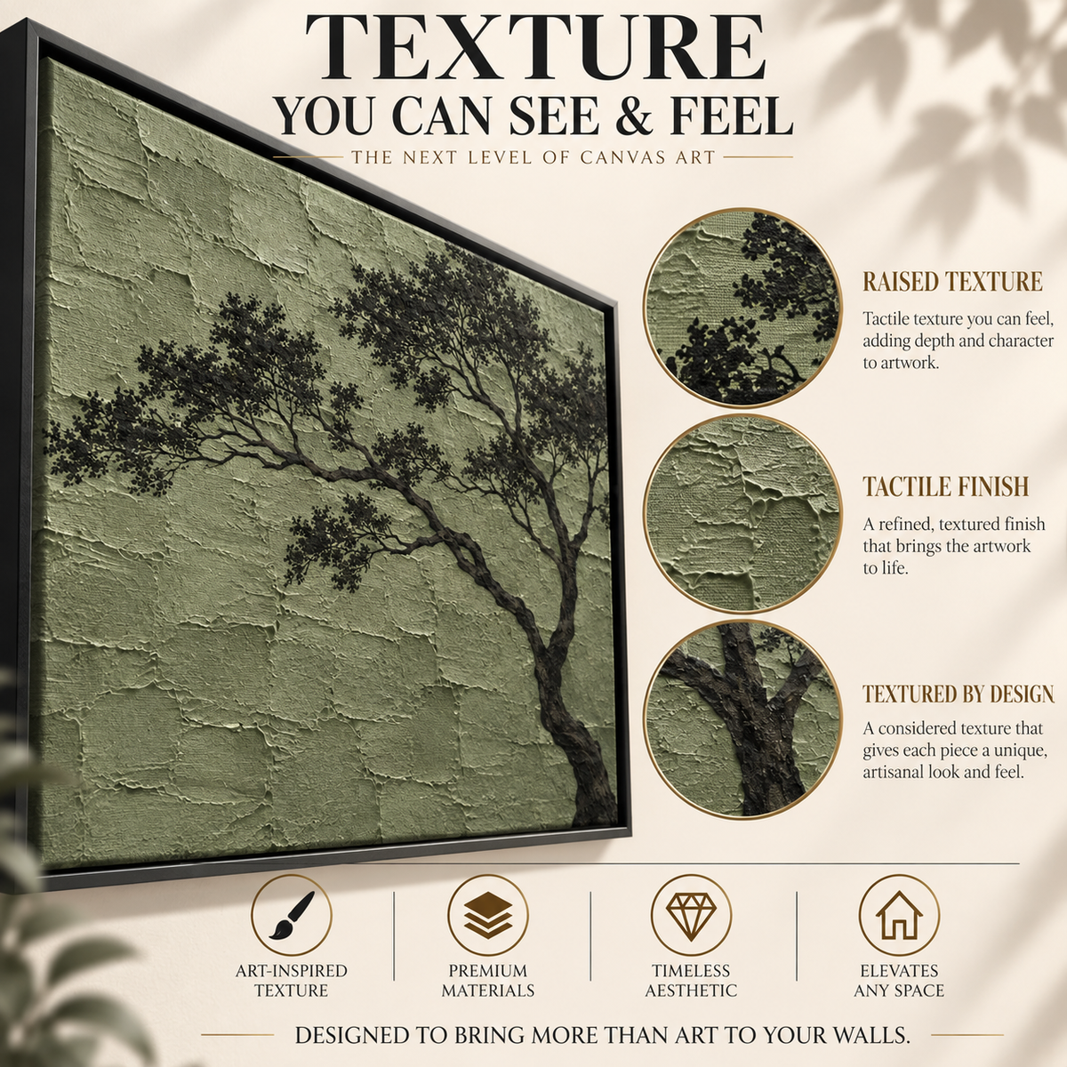 Minimal Olive Tree Silhouette Textured Canvas Art