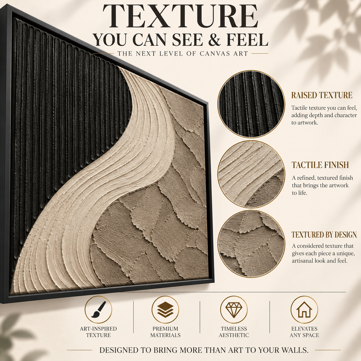 Black and Ivory Curved Textured Abstract Canvas Art