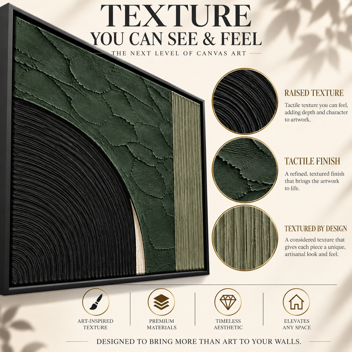 Emerald Green and Black Sculptural Arc Textured Canvas Art