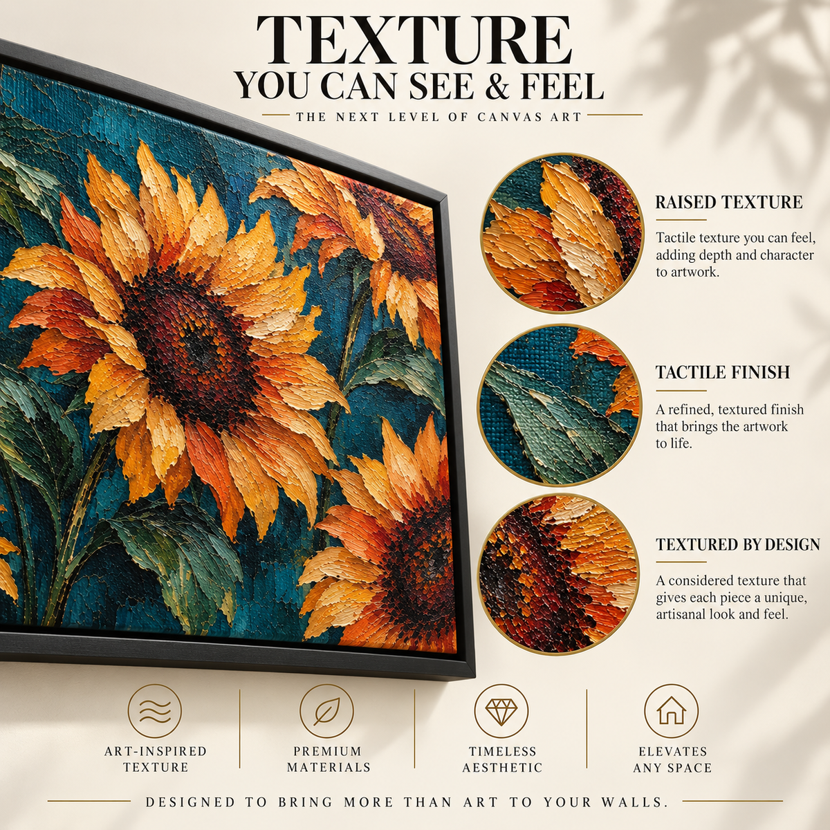 Golden Sunflowers on Deep Teal Textured Botanical Canvas Art