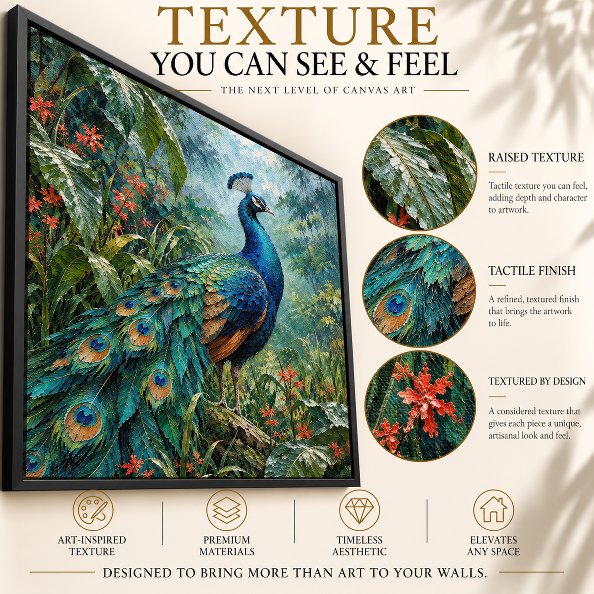 Peacock in Tropical Garden Textured Wildlife Canvas Art