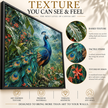 Peacock in Tropical Garden Textured Wildlife Canvas Art