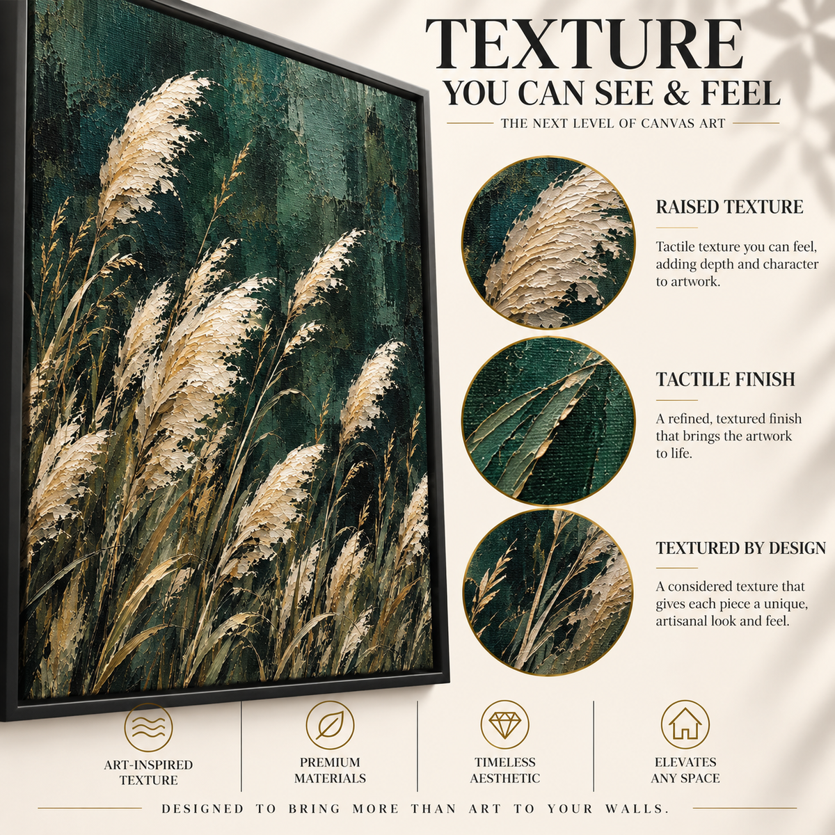 Emerald Pampas Grass Textured Botanical Canvas Art