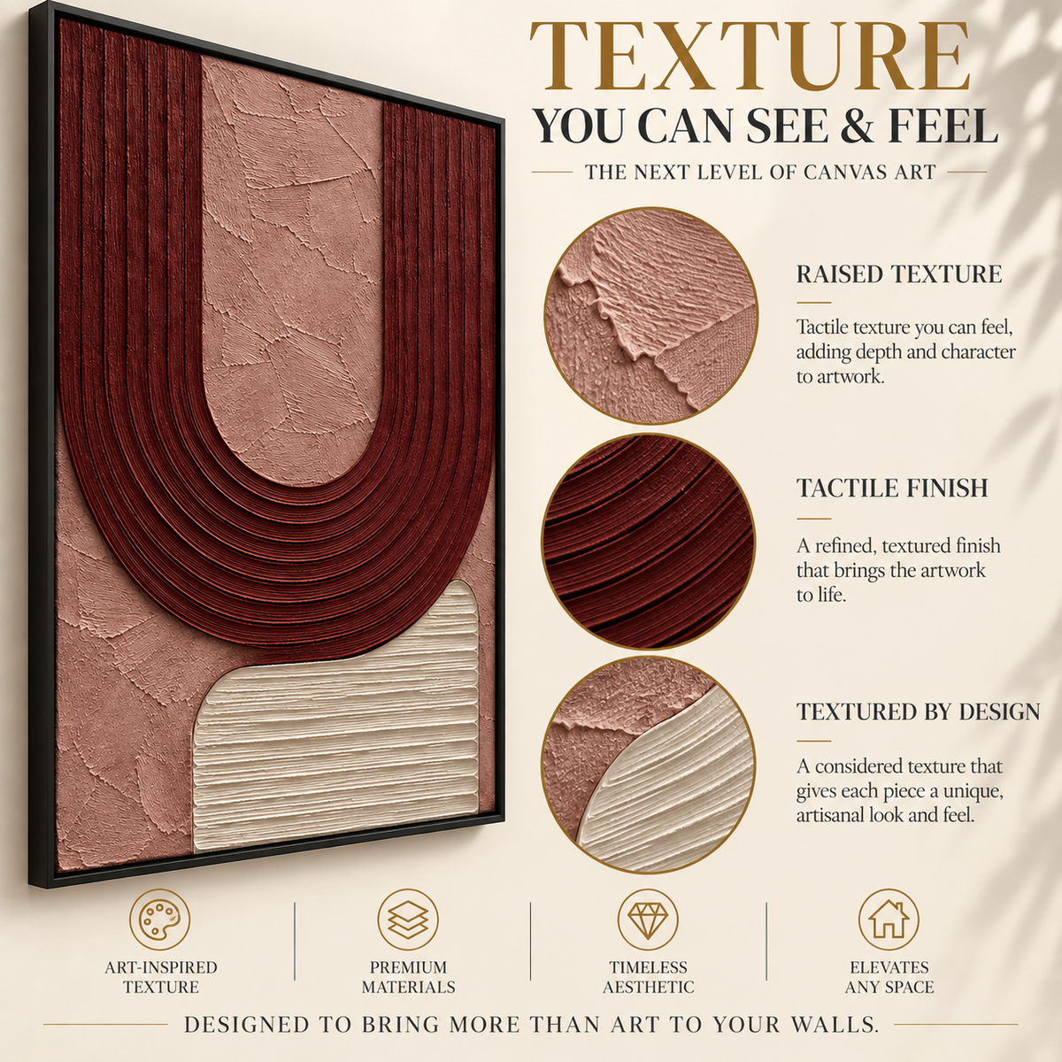 Burgundy Curve Textured Abstract Canvas Wall Art
