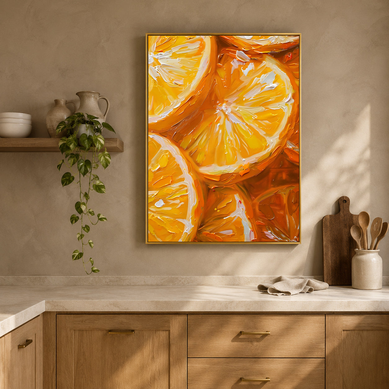 A framed canvas print of vibrant orange slices hangs on a beige wall above a kitchen counter with wooden cabinets, a hanging green plant, and ceramic kitchen items.