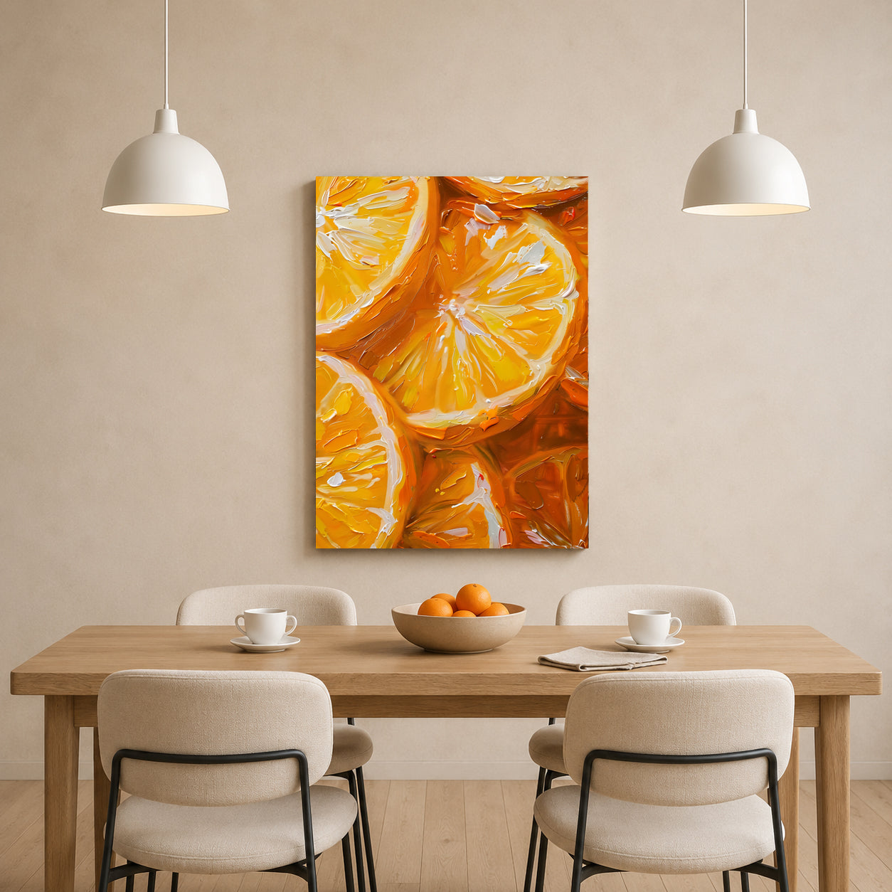 A vertical canvas wall art print depicting vibrant orange slices, displayed in a modern dining room setting above a wooden table with chairs and pendant lights.