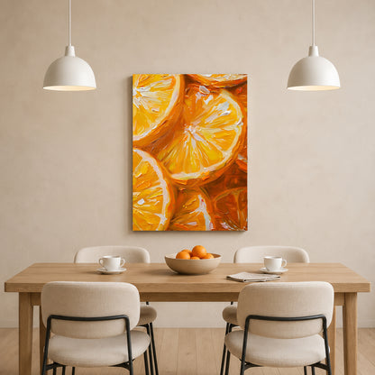 A vertical canvas wall art print depicting vibrant orange slices, displayed in a modern dining room setting above a wooden table with chairs and pendant lights.
