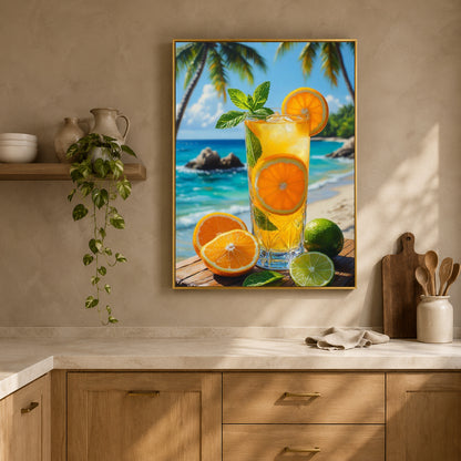 A framed tropical beach scene wall art print hangs above a kitchen counter. The artwork shows a glass of orange drink with mint, sliced oranges, limes, palm trees, blue water, and a sandy beach.