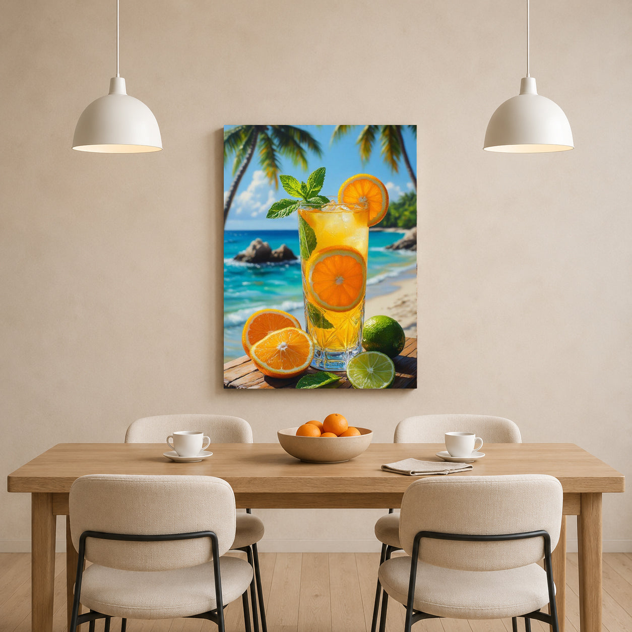A vertical canvas wall art print depicting a tropical beach scene with a glass of orange juice, limes, and palm trees, displayed on a beige wall above a wooden dining table with chairs.
