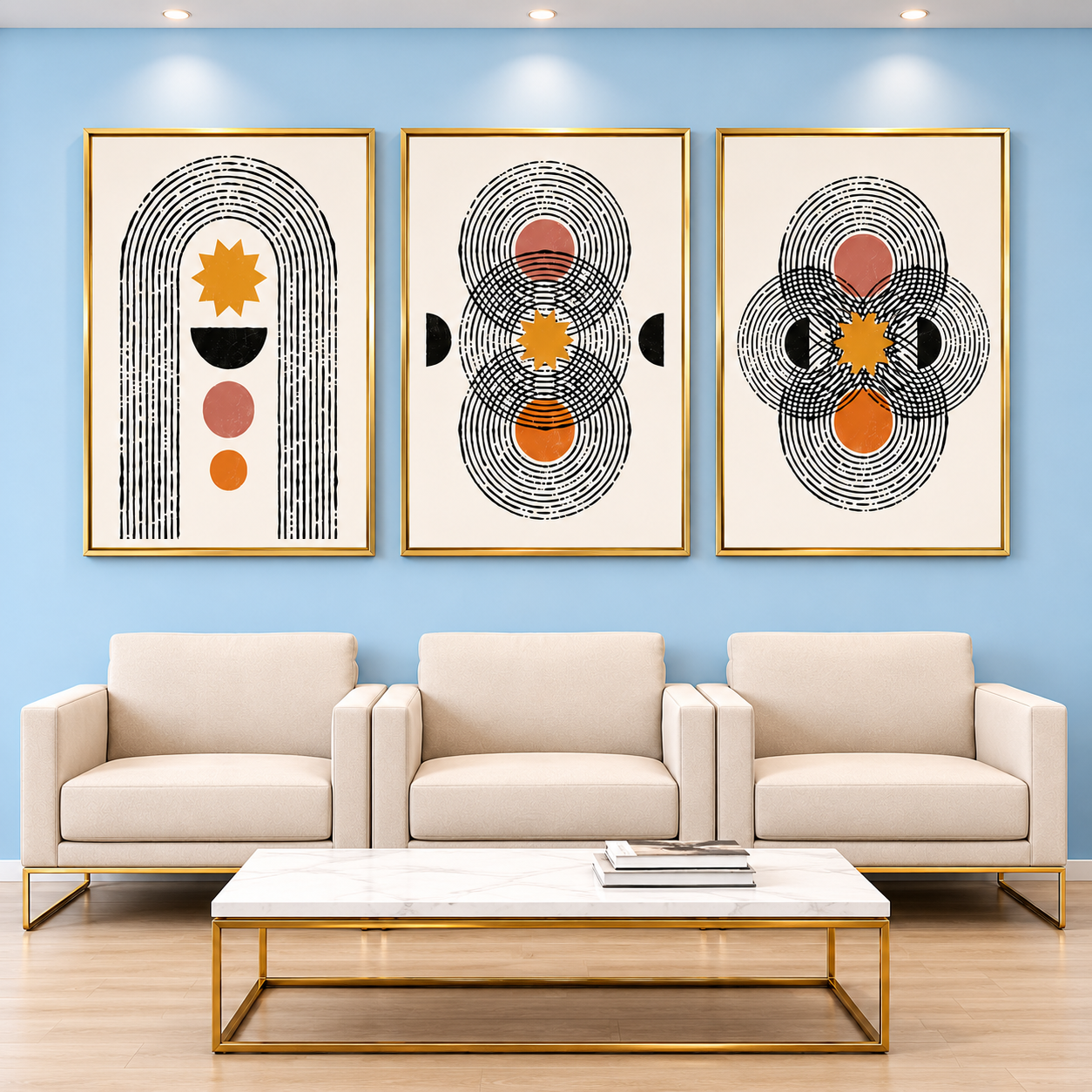 Geometric Abstract Canvas Wall Art Set of 3 Modern Boho Decor