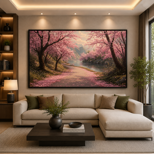 Cherry Blossom Riverside Landscape Canvas Wall Art for Home Décor