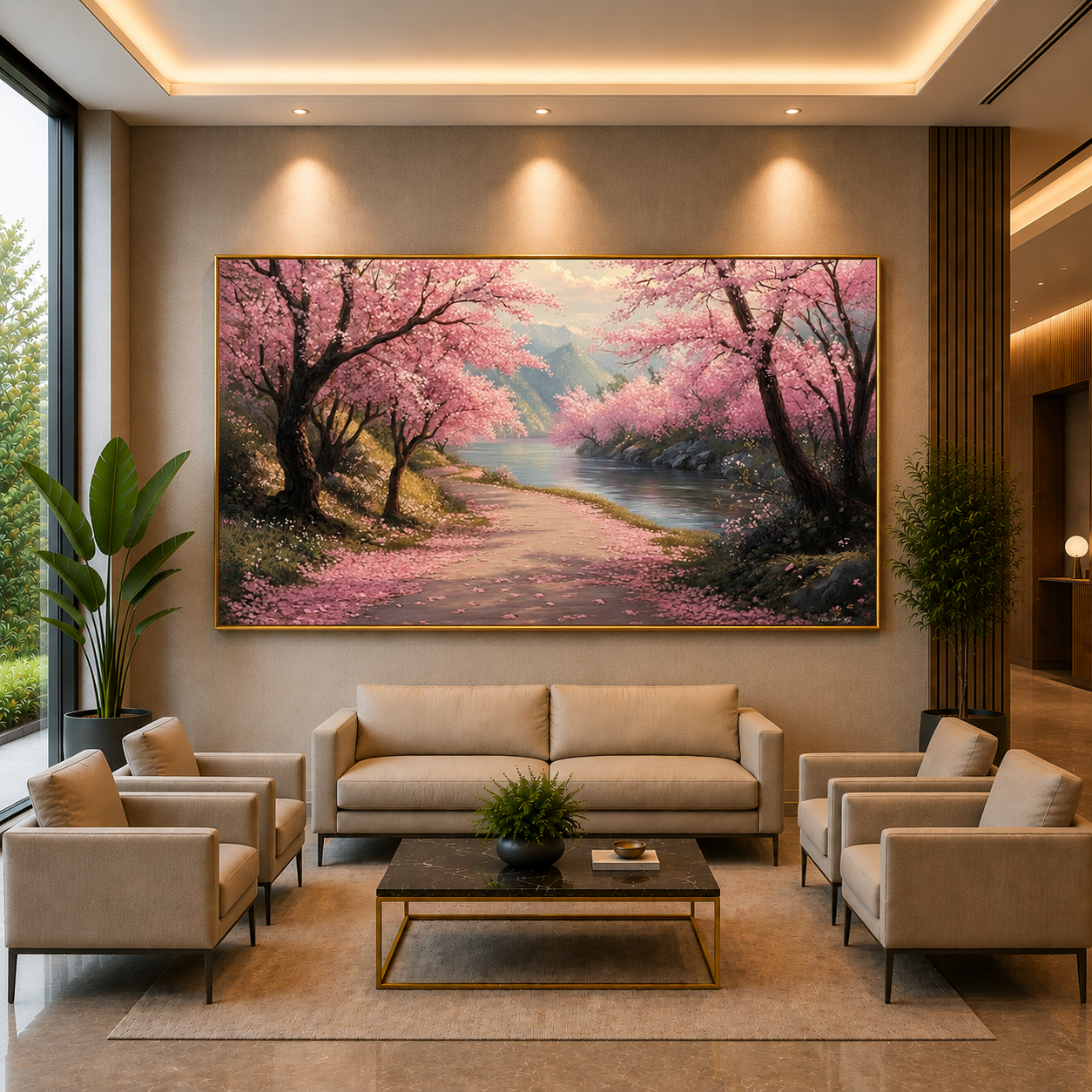 Cherry Blossom Riverside Landscape Canvas Wall Art for Home Décor