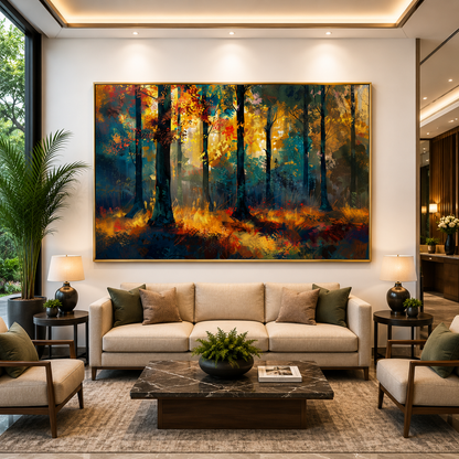 Abstract Autumn Forest Canvas Wall Art Colorful Woodland Painting