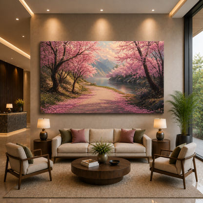 Cherry Blossom Riverside Landscape Canvas Wall Art for Home Décor