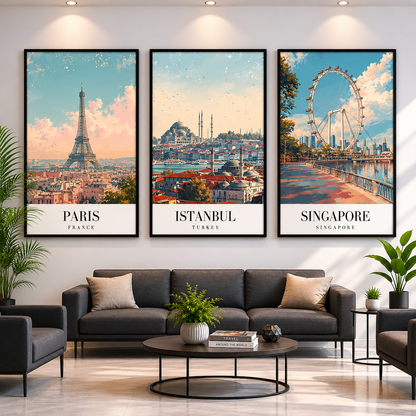 Paris Istanbul Singapore Canvas Wall Art Set of 3 Travel Decor