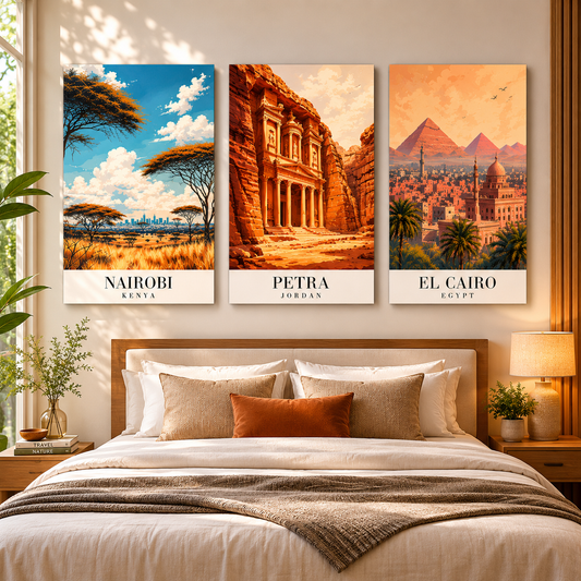 Nairobi Petra Cairo Canvas Wall Art Set of 3 Travel Decor