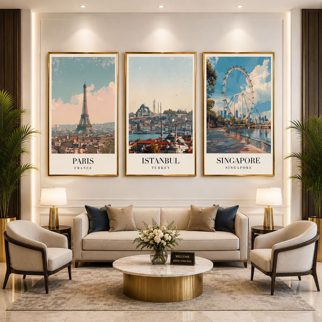 Paris Istanbul Singapore Canvas Wall Art Set of 3 Travel Decor