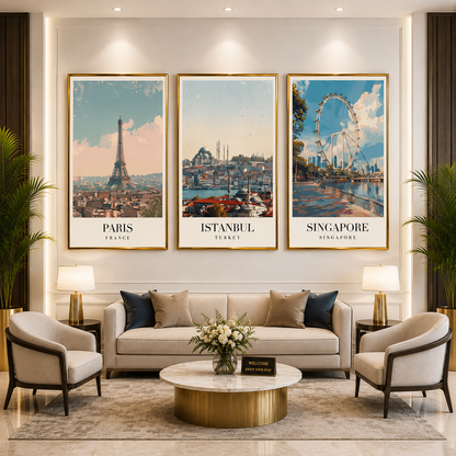 Paris Istanbul Singapore Canvas Wall Art Set of 3 Travel Decor
