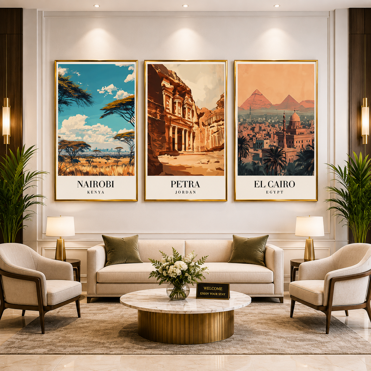 Nairobi Petra Cairo Canvas Wall Art Set of 3 Travel Decor