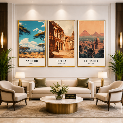 Nairobi Petra Cairo Canvas Wall Art Set of 3 Travel Decor