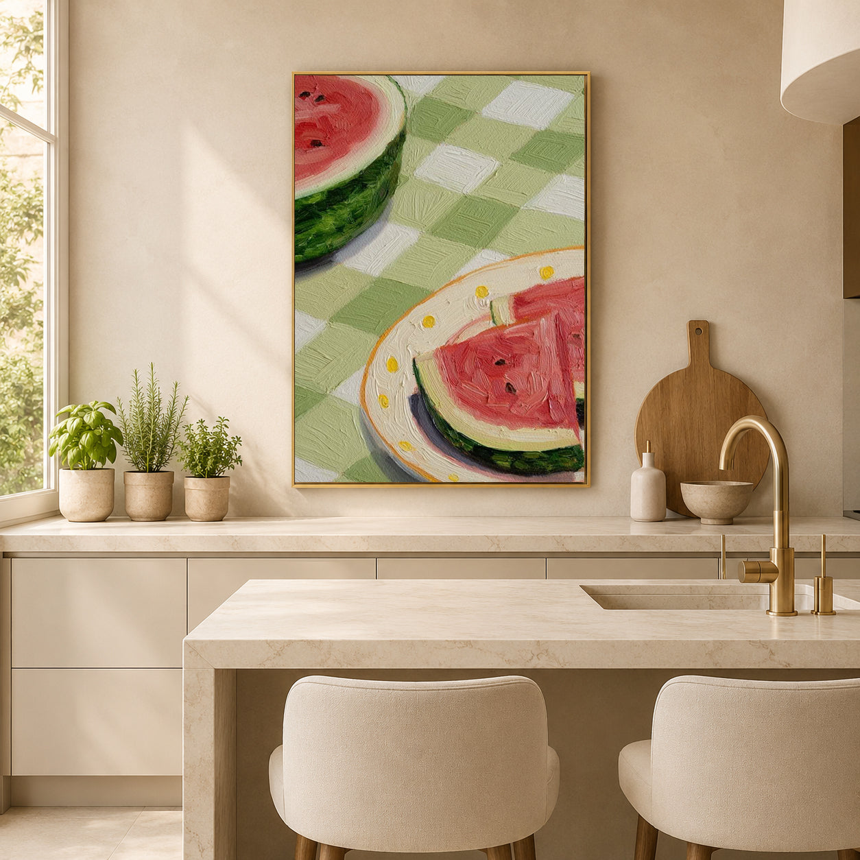 A framed vertical canvas painting of watermelon slices on a green-and-white checkered tablecloth, displayed on a beige wall above a kitchen island in a bright, modern kitchen.