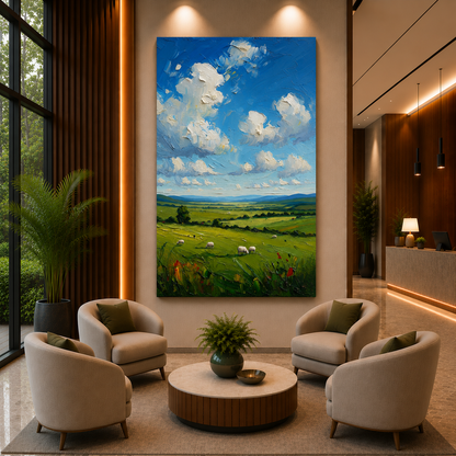 Countryside Meadow Canvas Wall Art with Blue Sky Landscape